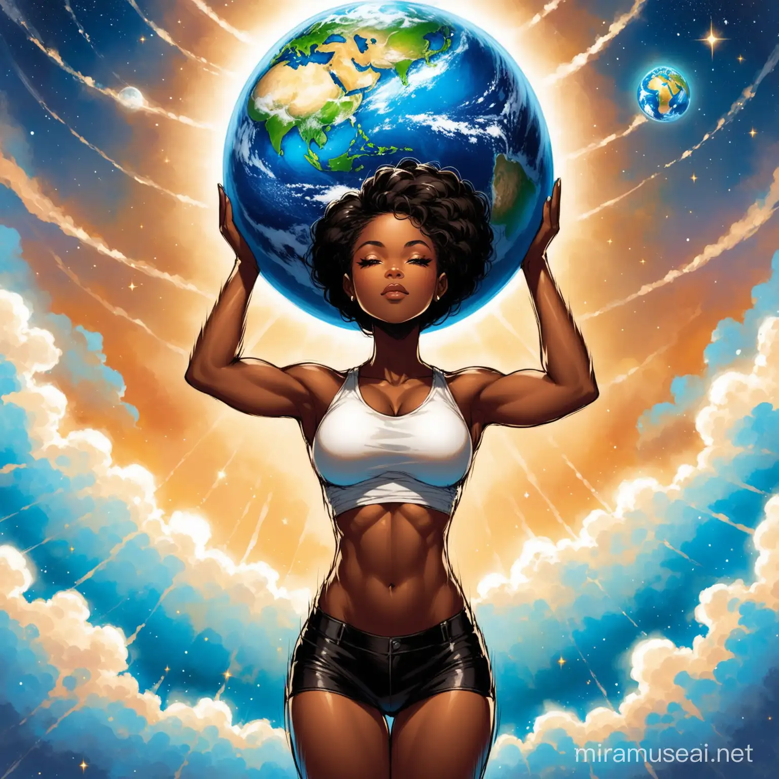 black woman showing shes strong holding the world on her shoulders  do not add a blue earth. but make it look like shes lifting the world above her head
