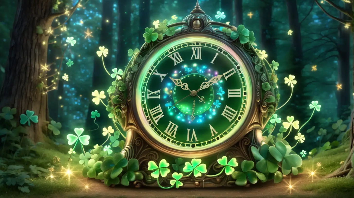 a glowing magical clock with shamrocks and rainbows as a fairytale forest