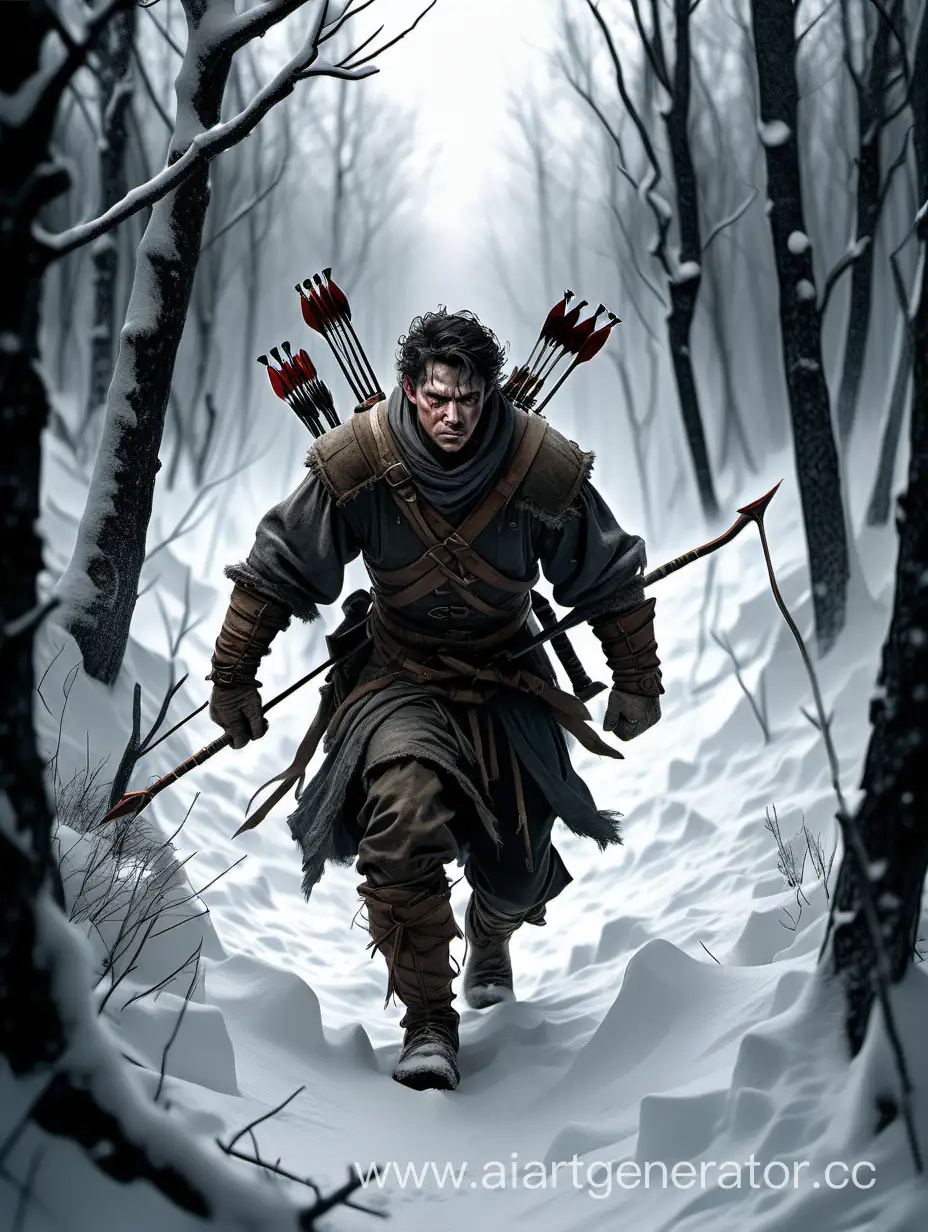 Воин в тряпье с луком и стрелами тяжело идёт по колено через сугробы снега, он согнулся и идёт чуть ли не на четвереньках и смотрит исподлобья вперёд, сзади него лишь голый и тёмный зимний лес.