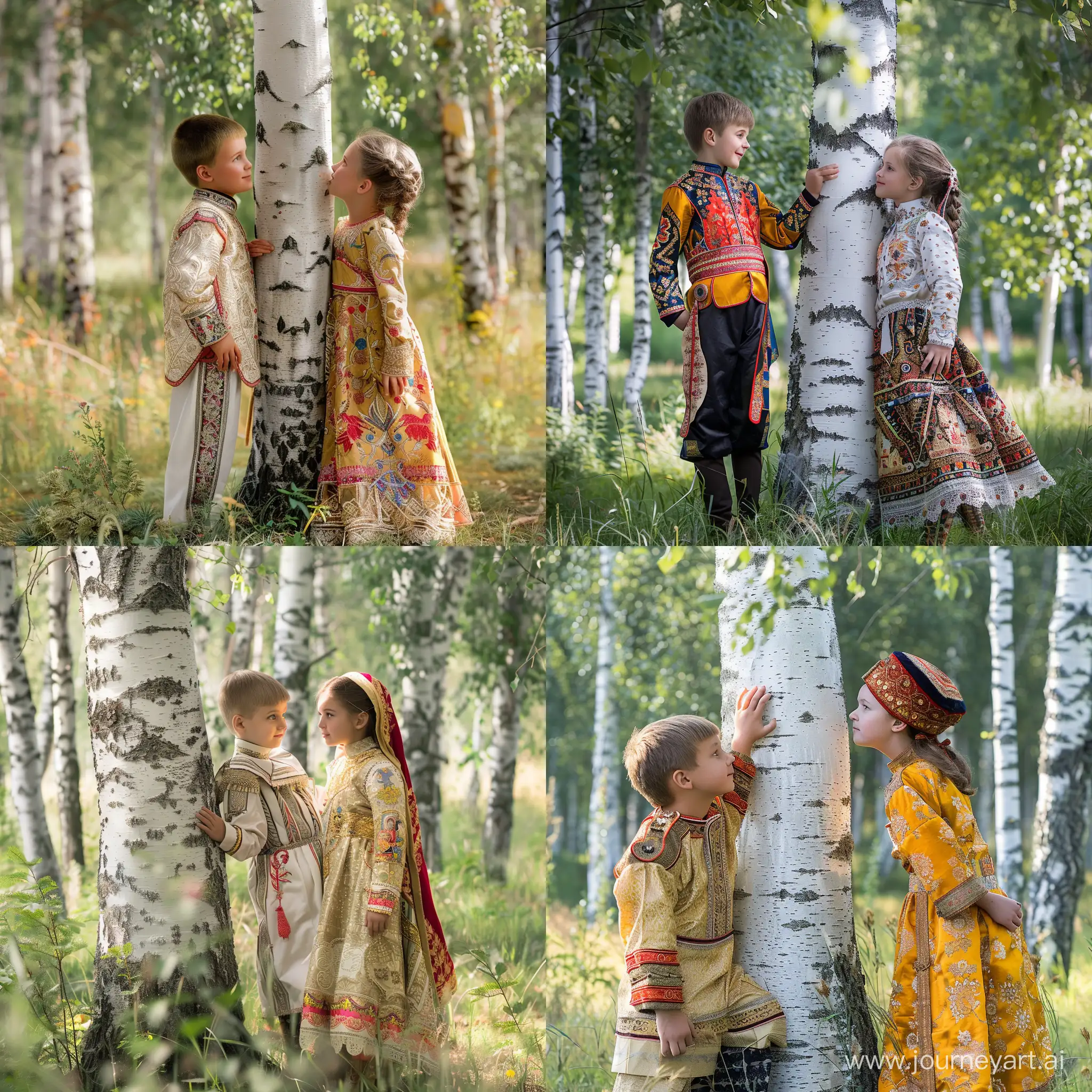 Russian-Children-in-Birch-Grove-Traditional-Attire-and-Sunny-Day