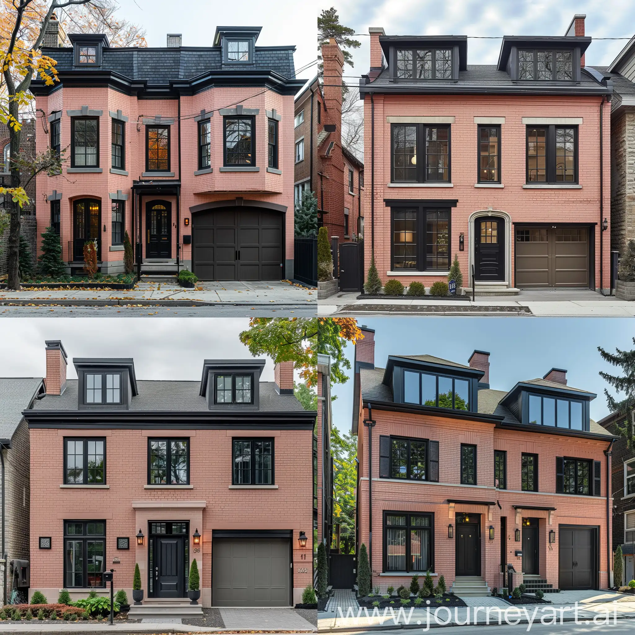 Show me a two storey residential corner lot home with salmon pink brick, black windows, black doors, and a dark taupe colored two door garage on the right