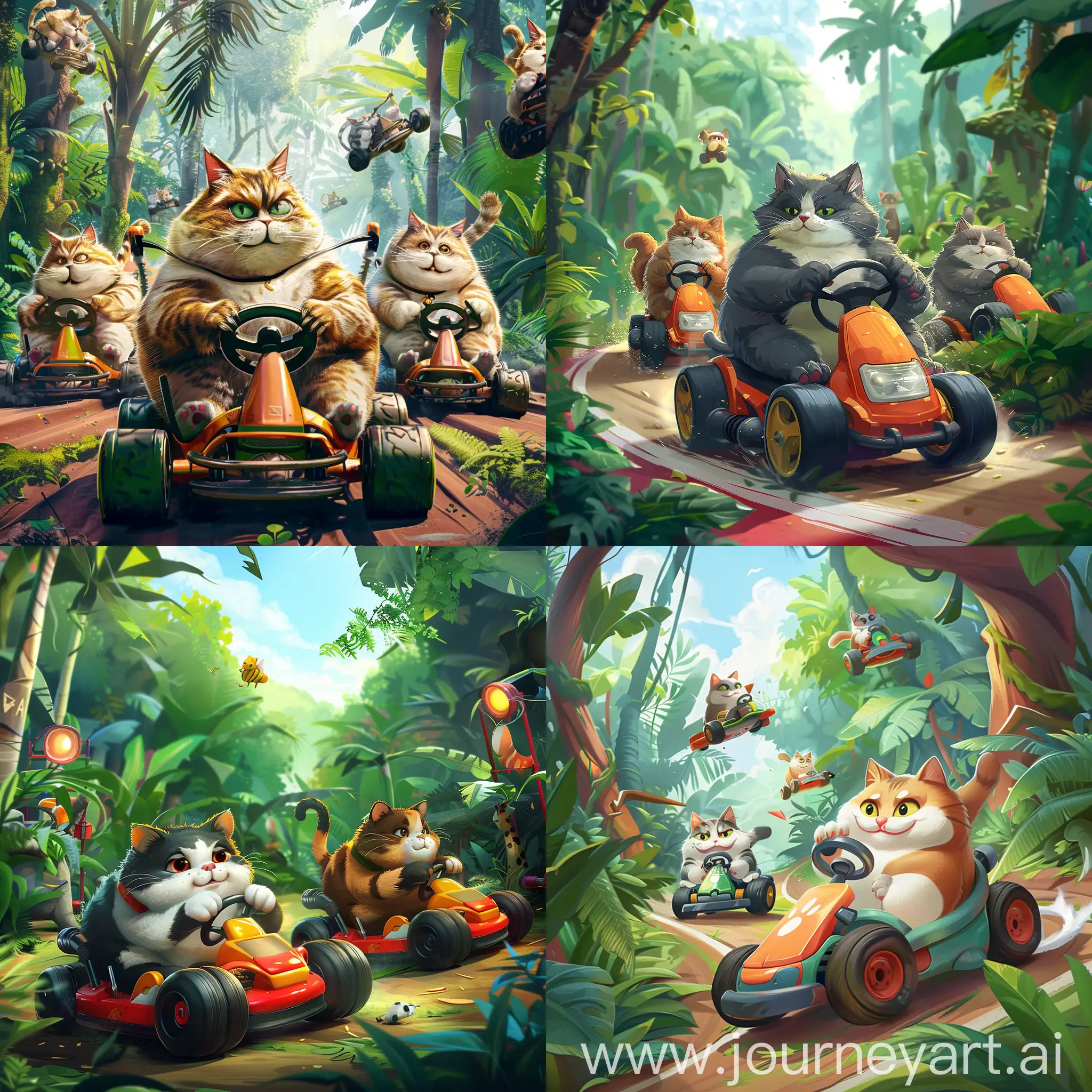 Create poster art for a Kart racing game, but cat themed with fat cats on karts.

Colourful and fun

Jungle background
