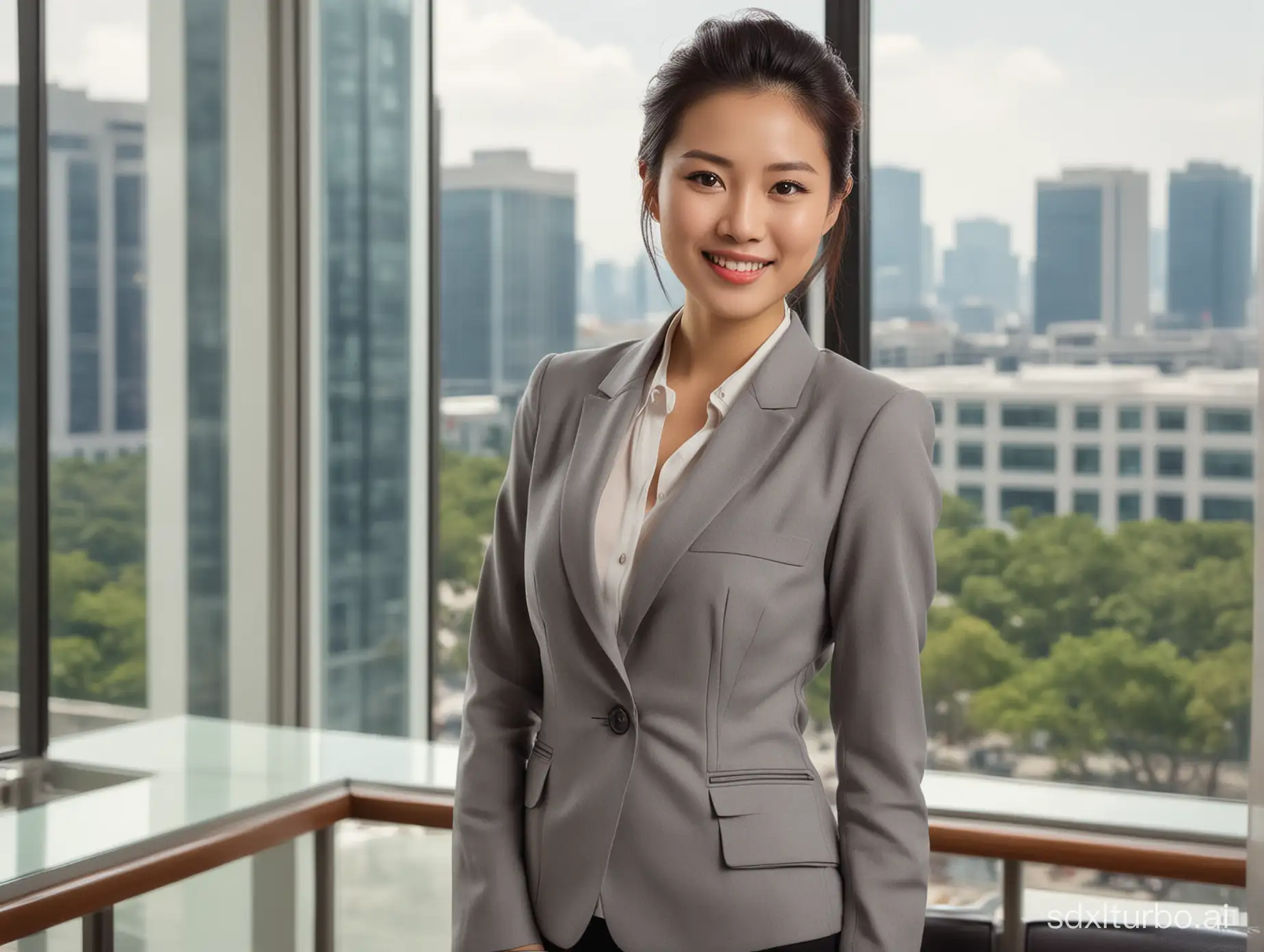 A captivating high-resolution image of a 28-year-old Chinese woman in a professional ensemble. She is elegantly dressed in a tailored blazer and pencil skirt, with her hair styled in a chic updo. Her sweet, genuine smile radiates warmth and sincerity. The background is a modern, spacious office with floor-to-ceiling glass windows, showcasing mesmerizing 360-degree sea views that blend seamlessly with the sky., photo