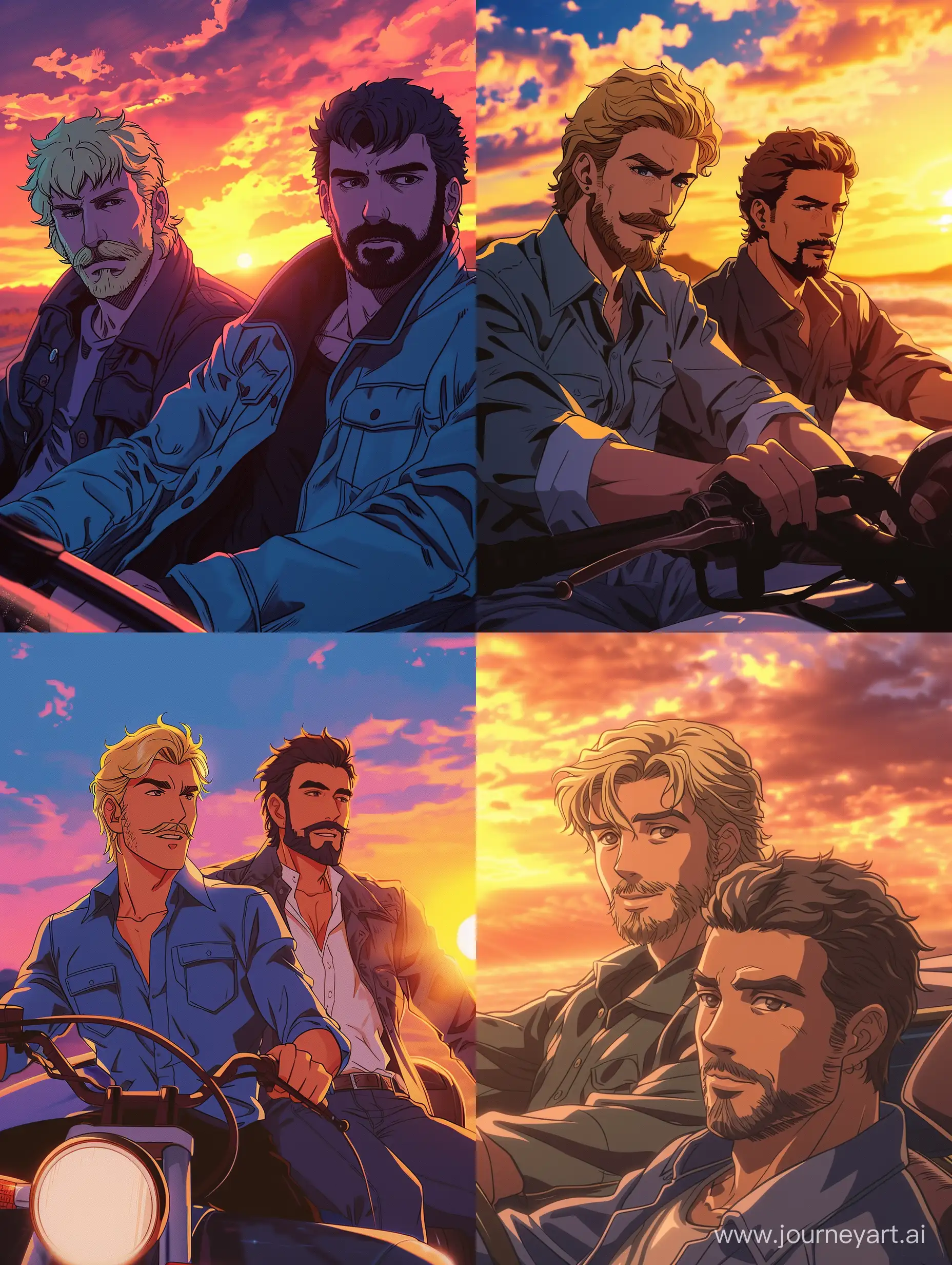 A guy with medium blonde hair and a moustache, a guy with a short dark hair and a beard are riding to the sunset in cabriolet 80s anime style