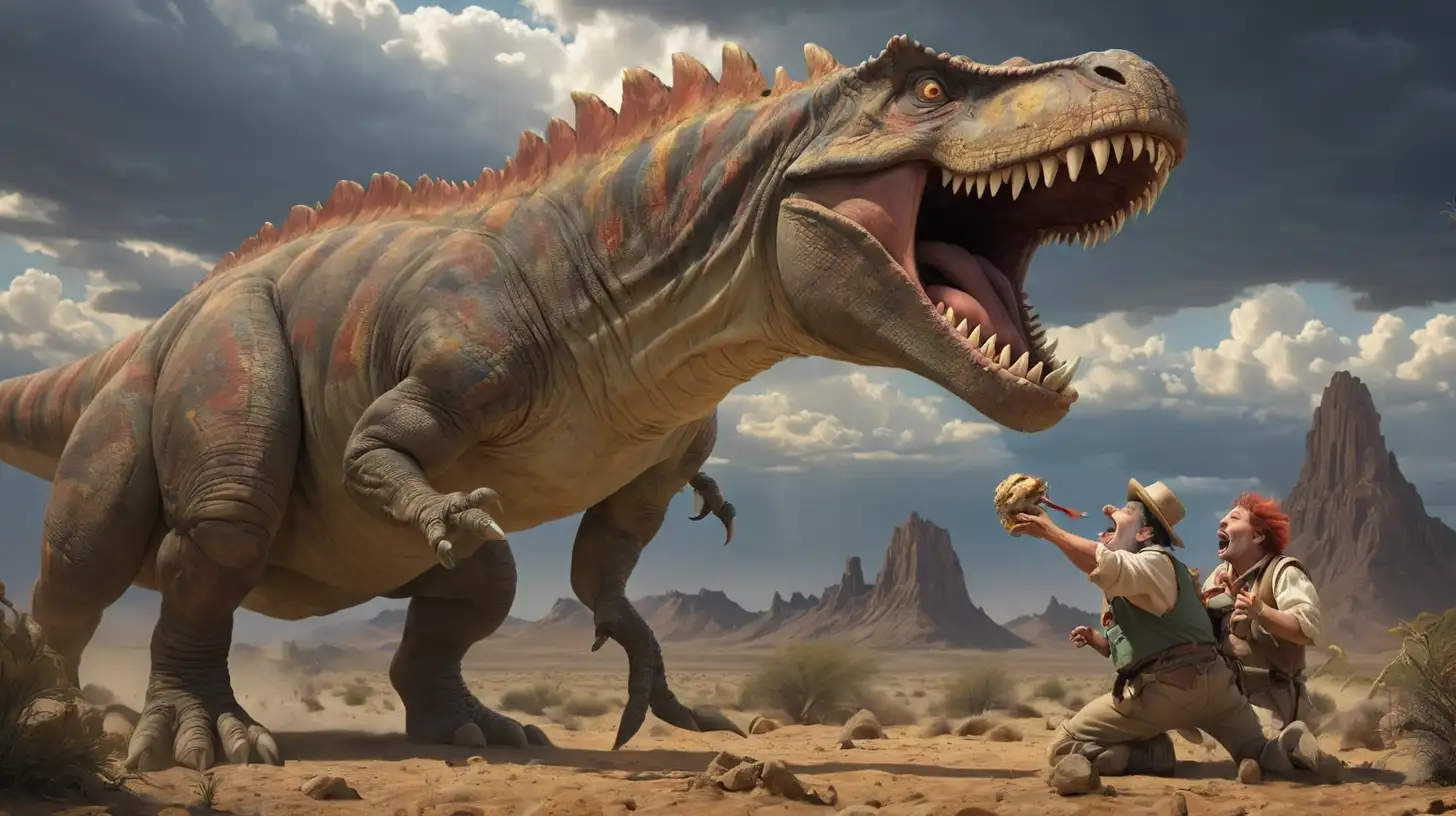 Scene in the dinosaur era, a clown is being eaten by a tyranossaurus rex, desert scenery, dramatic sky