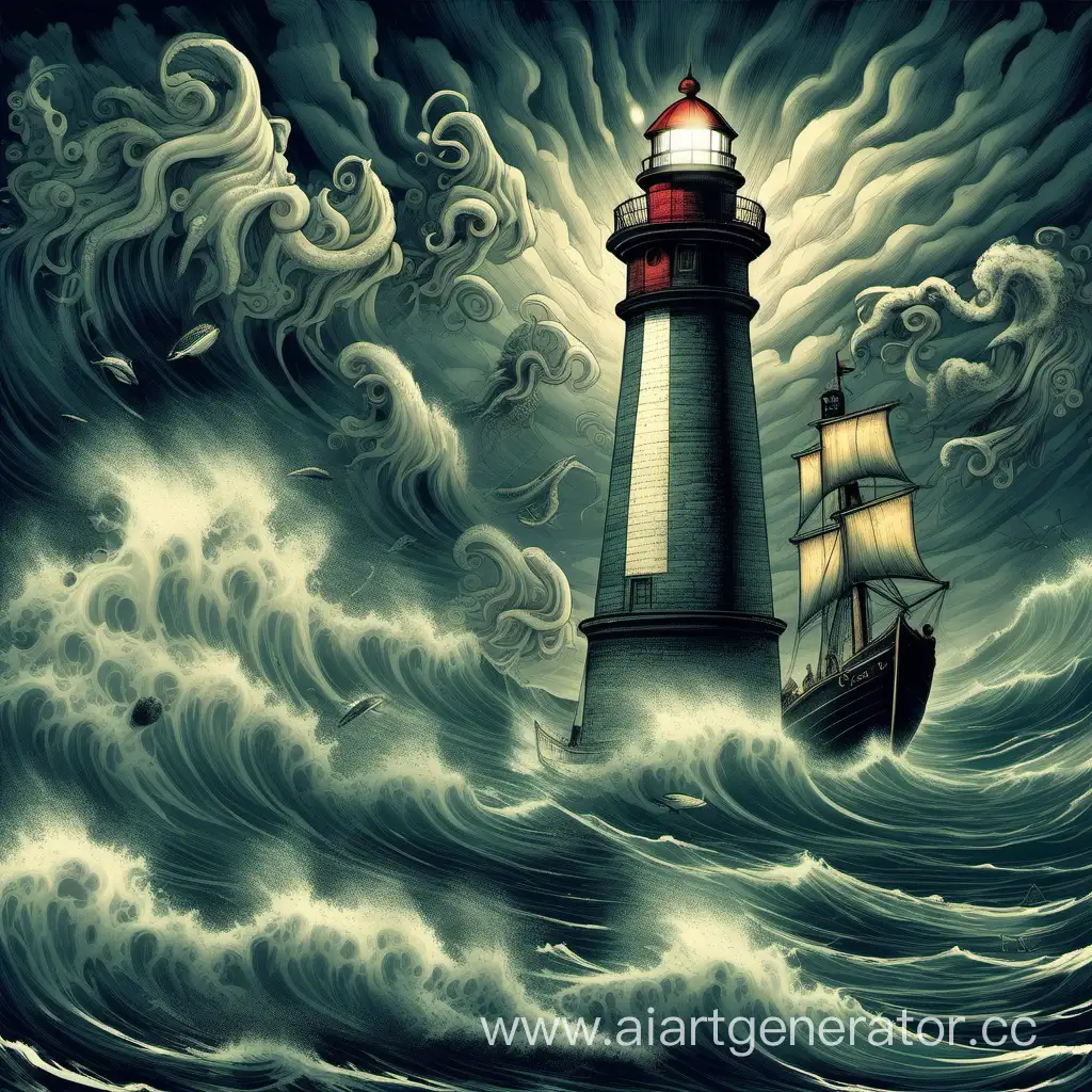 маяк стоит на берегу, идёт шторм в море плывёт корабль, из воды на корабль нападает спрут
