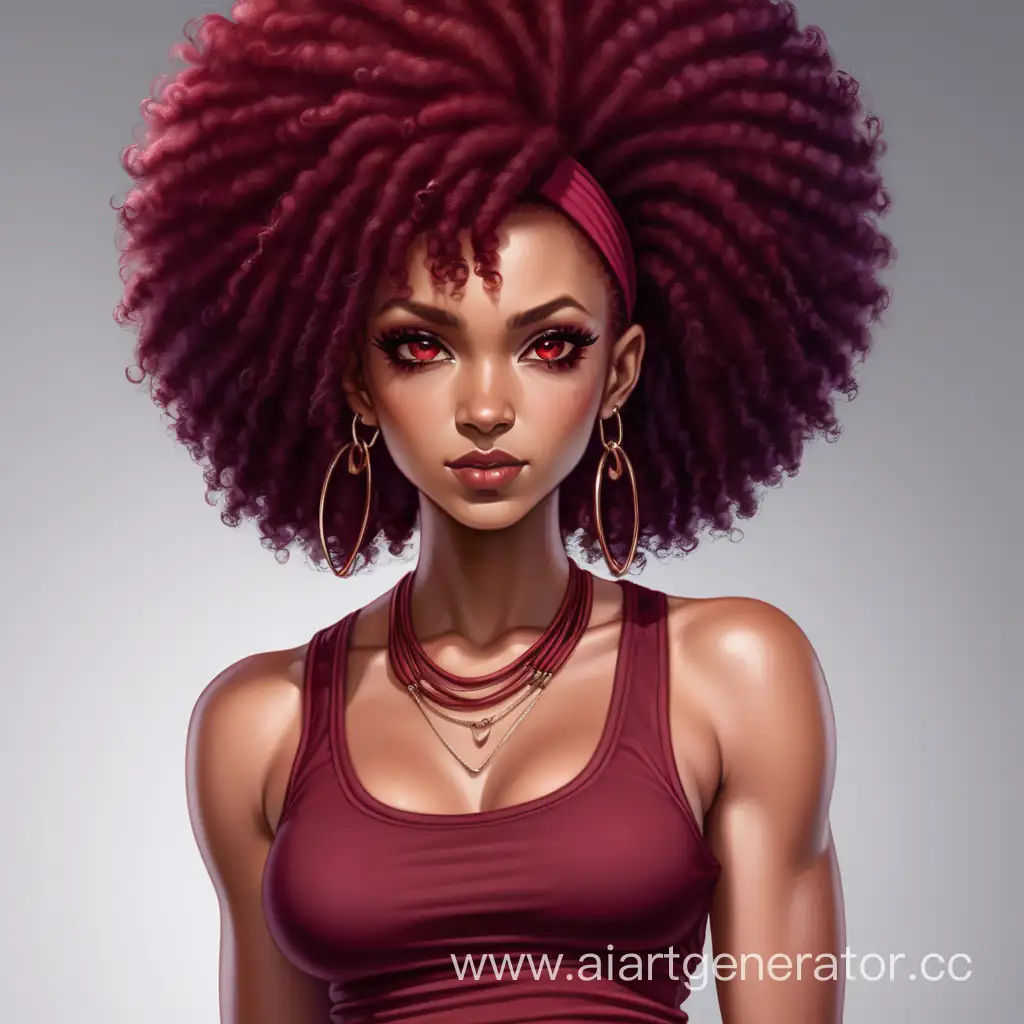 A striking woman with radiant scarlet skin, captivating dark red eyes, and a unique square-shaped afro hairstyle. Her vibrant appearance is complemented by a fashionable maroon and brown tank top, accentuated by a matching maroon headband elegantly tied around her hair. Sporting mid-thigh burgundy shorts and stylish short, pointed maroon boots.