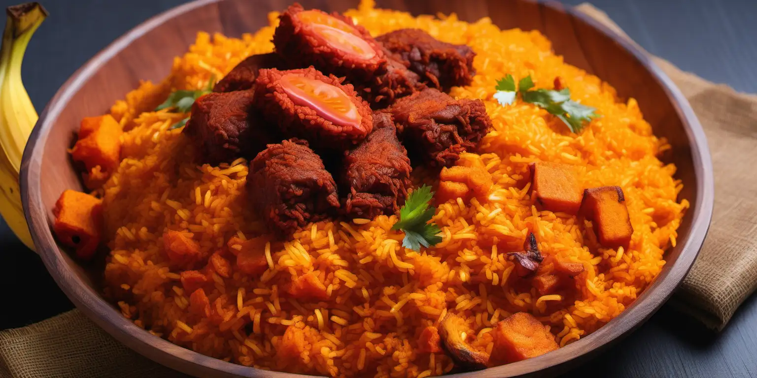 generate ten different pictures of autentic nigerian jollof rice with fried plantain and meat "for advert"
