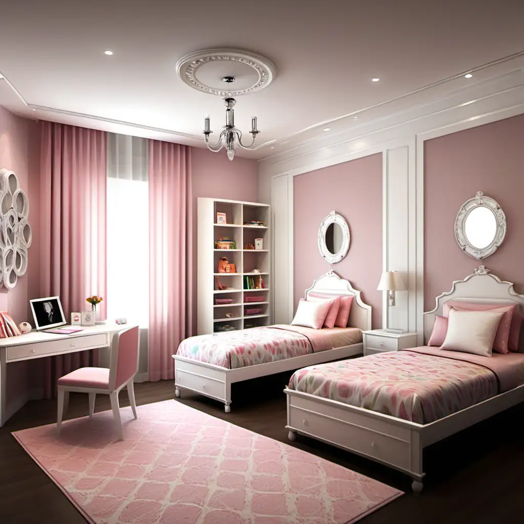 a girl bedroom with 2 beds simple and classic style a dresssing table and study area