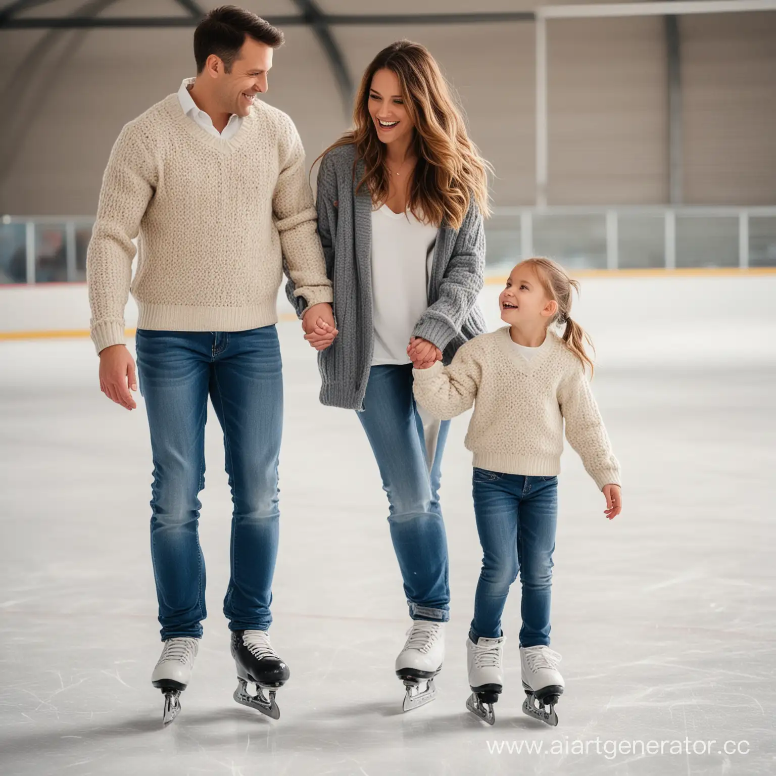 семья мужчина женщина ребёнок в коньках на катке, волосы, джемпер, джинсы, радостные 