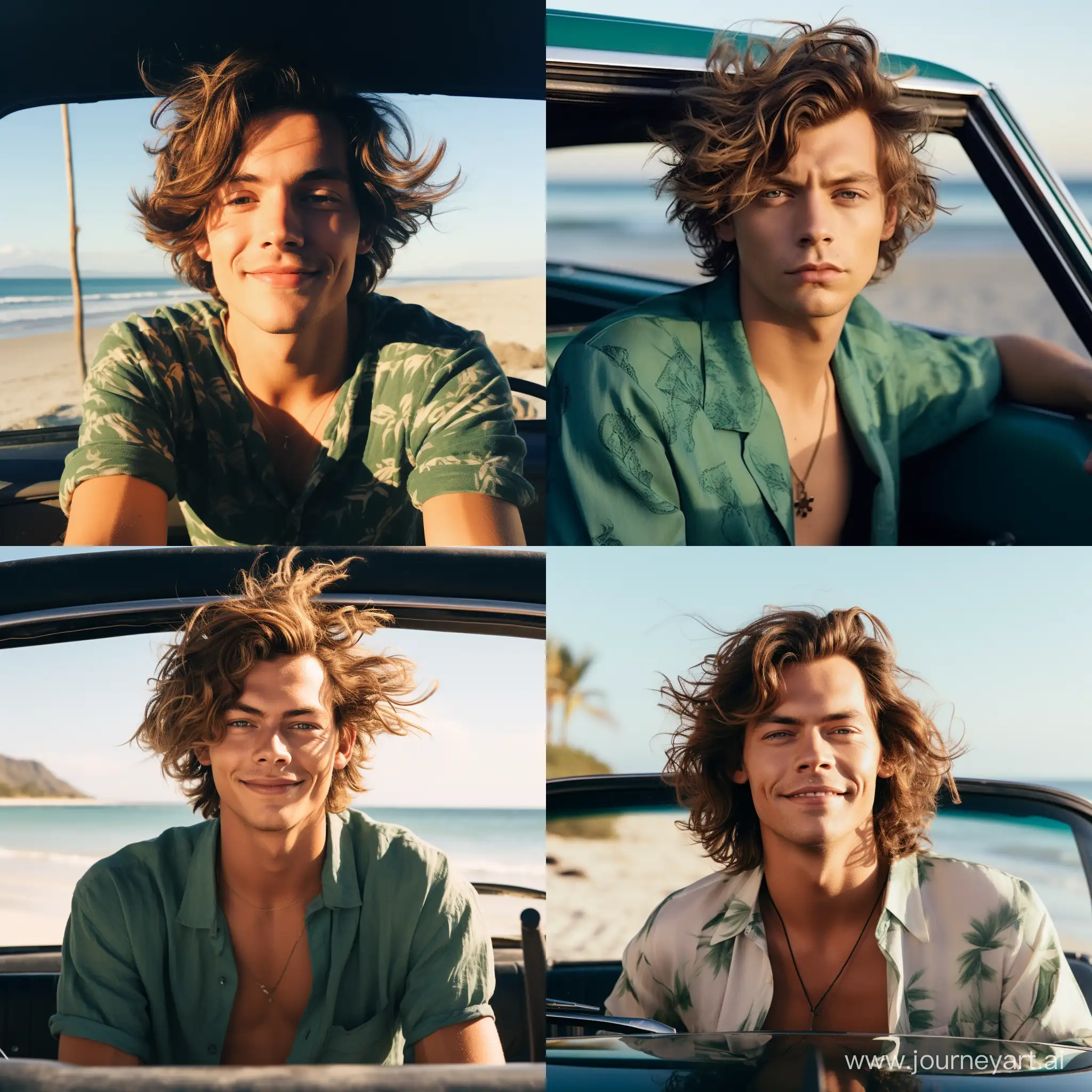 Average height, blonde, medium-length hair, green eyes, dimples on the cheeks, beautiful smile, symmetrical eyebrows, thin build with Harry Styles in a convertible on the seashore