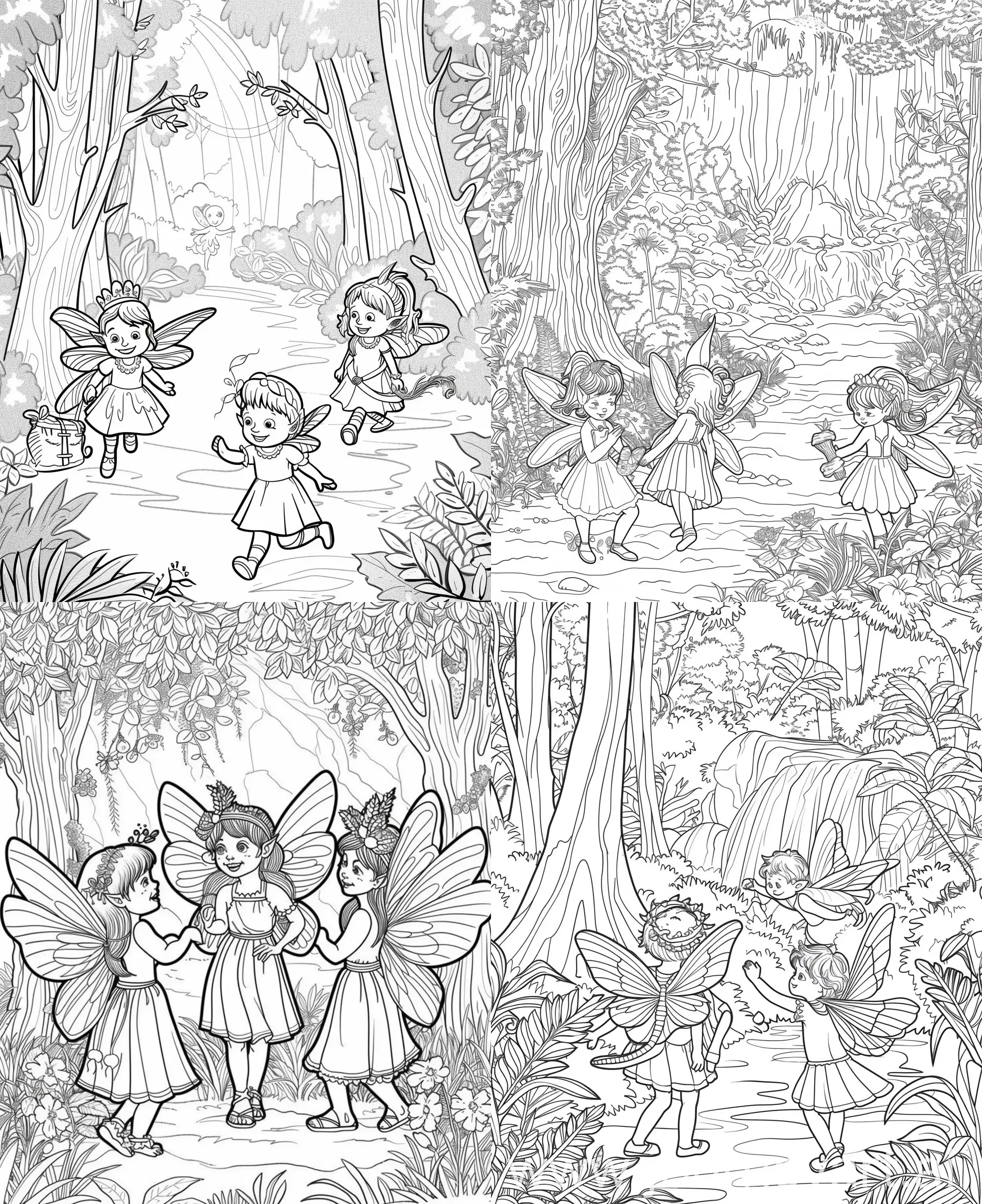 coloring page for kids, fairies in forest landscape, cartoon style, thick lines, low details, no shading --ar 9:11 --v 6