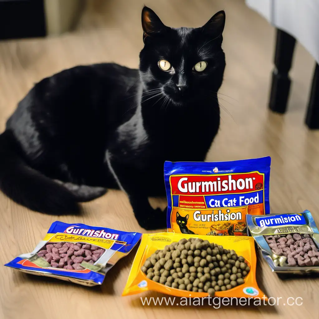 Черный кот с неровным зубом сидит около упаковки кошачьего корма под названием ГУРМИШОН