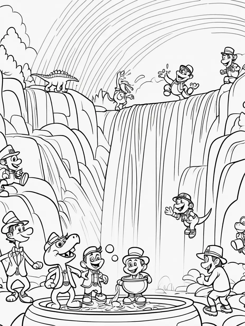 Pixarstyle Leprechauns and Dinosaurs Dancing Pot of Gold at Rainbow Waterfall