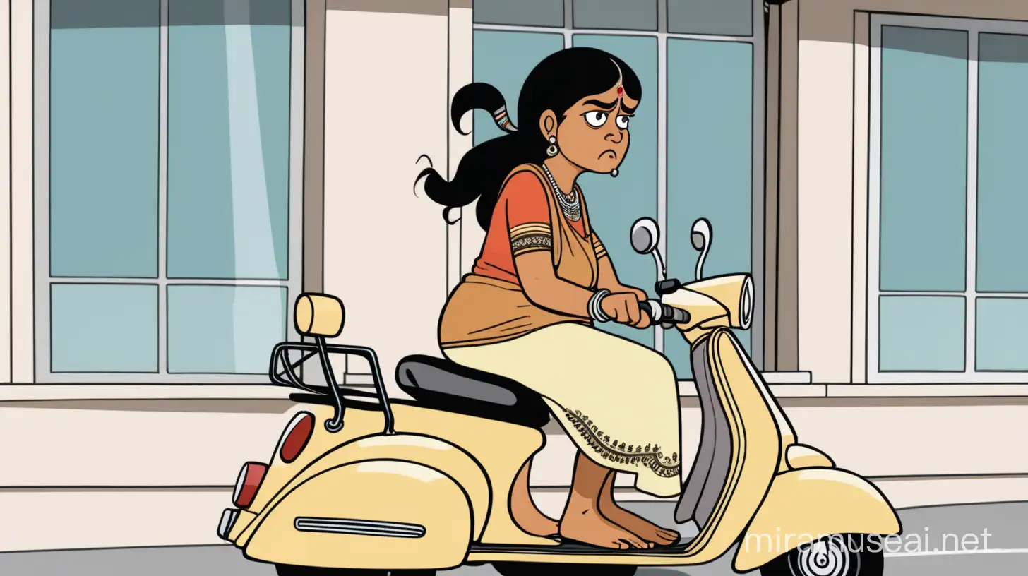 An Indian woman with a grumpy face riding a scooter outside a window. Please make the image cartoon type.