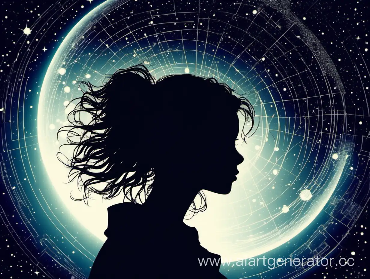 Silhouette-of-a-Girl-in-Planetarium-with-Loose-Hair
