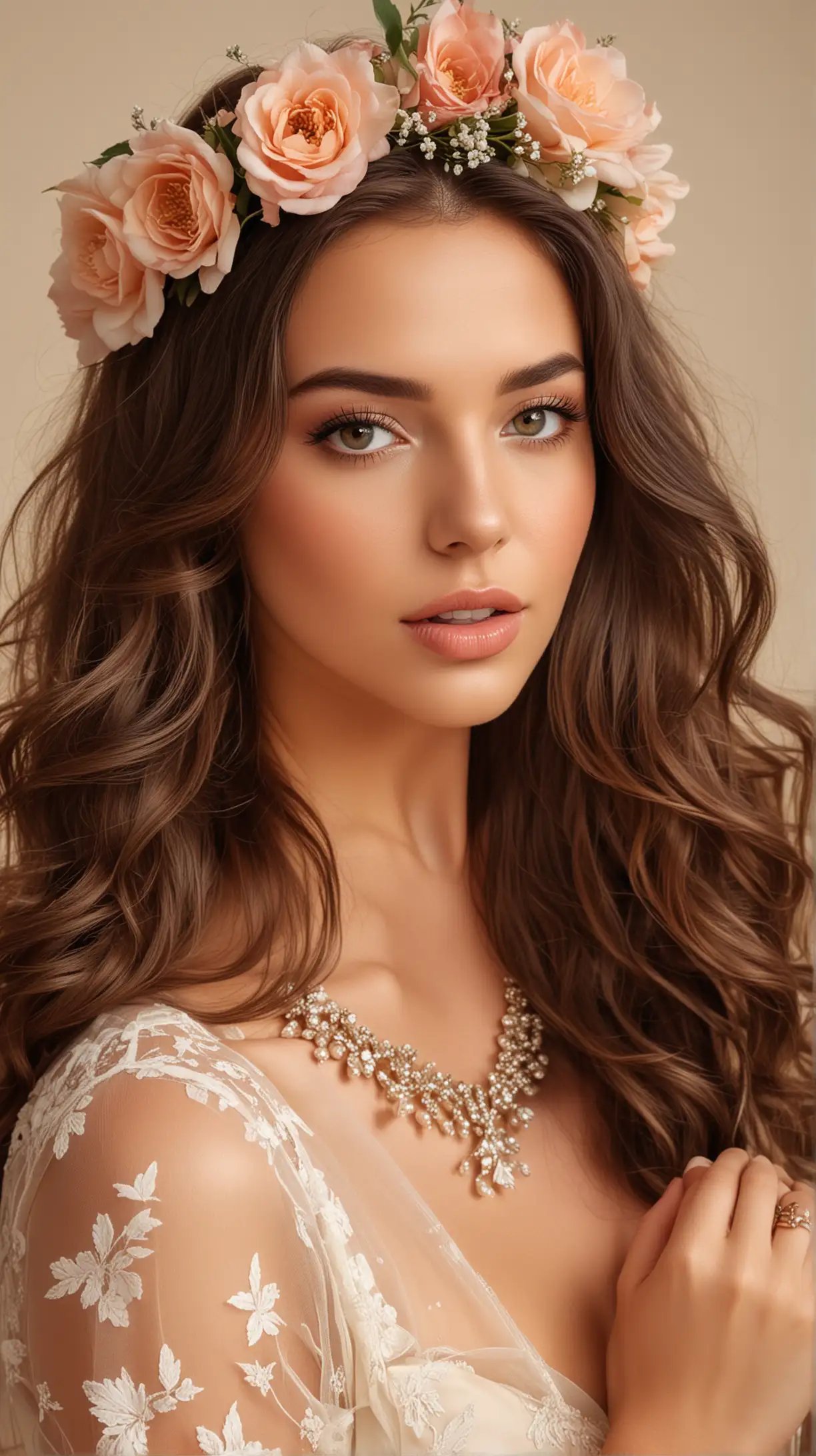 photoshoot with beige background of beautiful woman, dressed nicely with sheer blouse, nice jewelry, beautiful big nude lips, makeup, long wavy hair, with captivating eyes and a passionate expression, holding a big bouquet of flowers to her chest, wearing flower crown, ultra-realistic