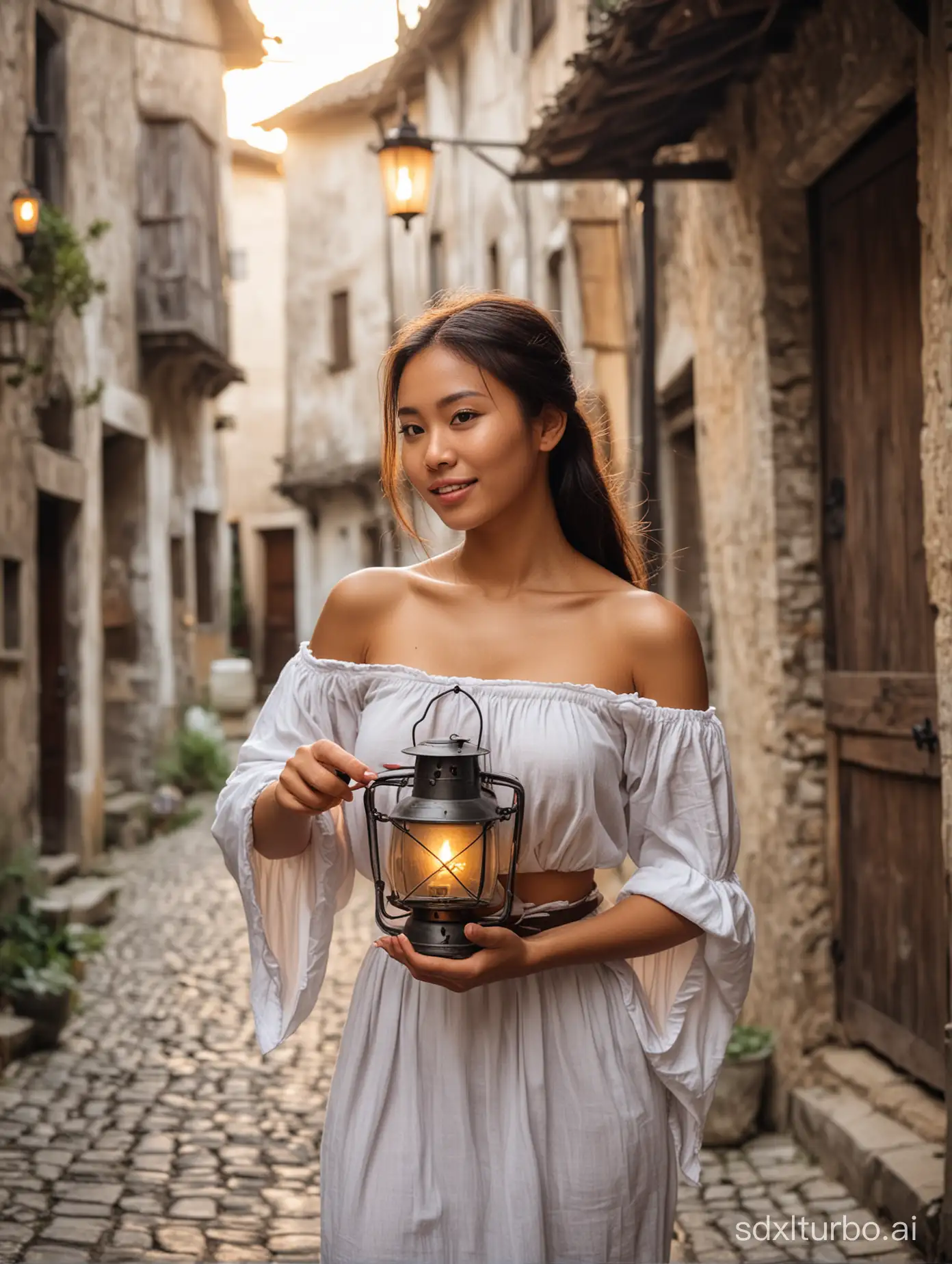 20 years old Filipina woman holding a lantern. Medieval time. Streets of medieval village. Chest Revealing, very small breasts, Cotton loincloth.