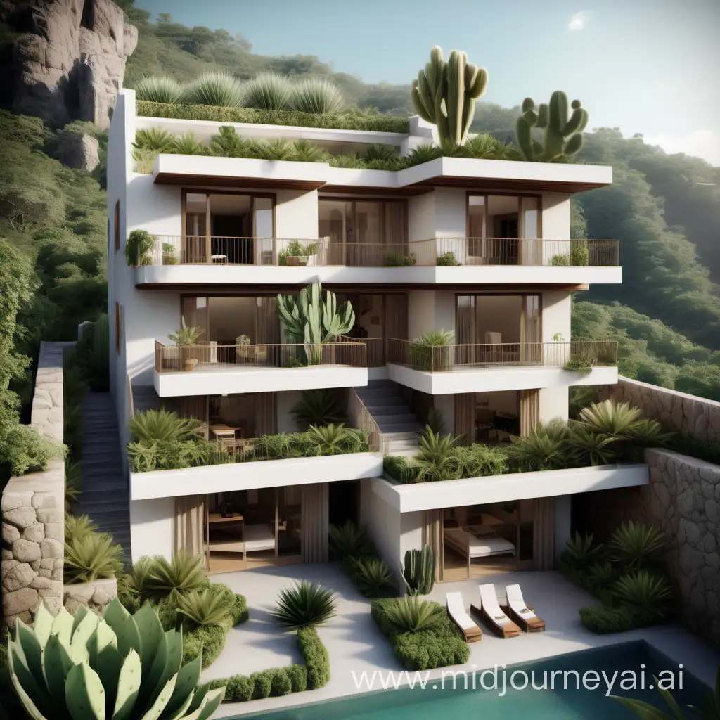 design a three storied apartment (6 units), with terrace style balconies with the apartment on a slope, in slightly tropical setting landscape (lush garden also with cactus and stone), and the style of apartment to reflect styles in southern europe aesthetic, simple and serene with rustic elements