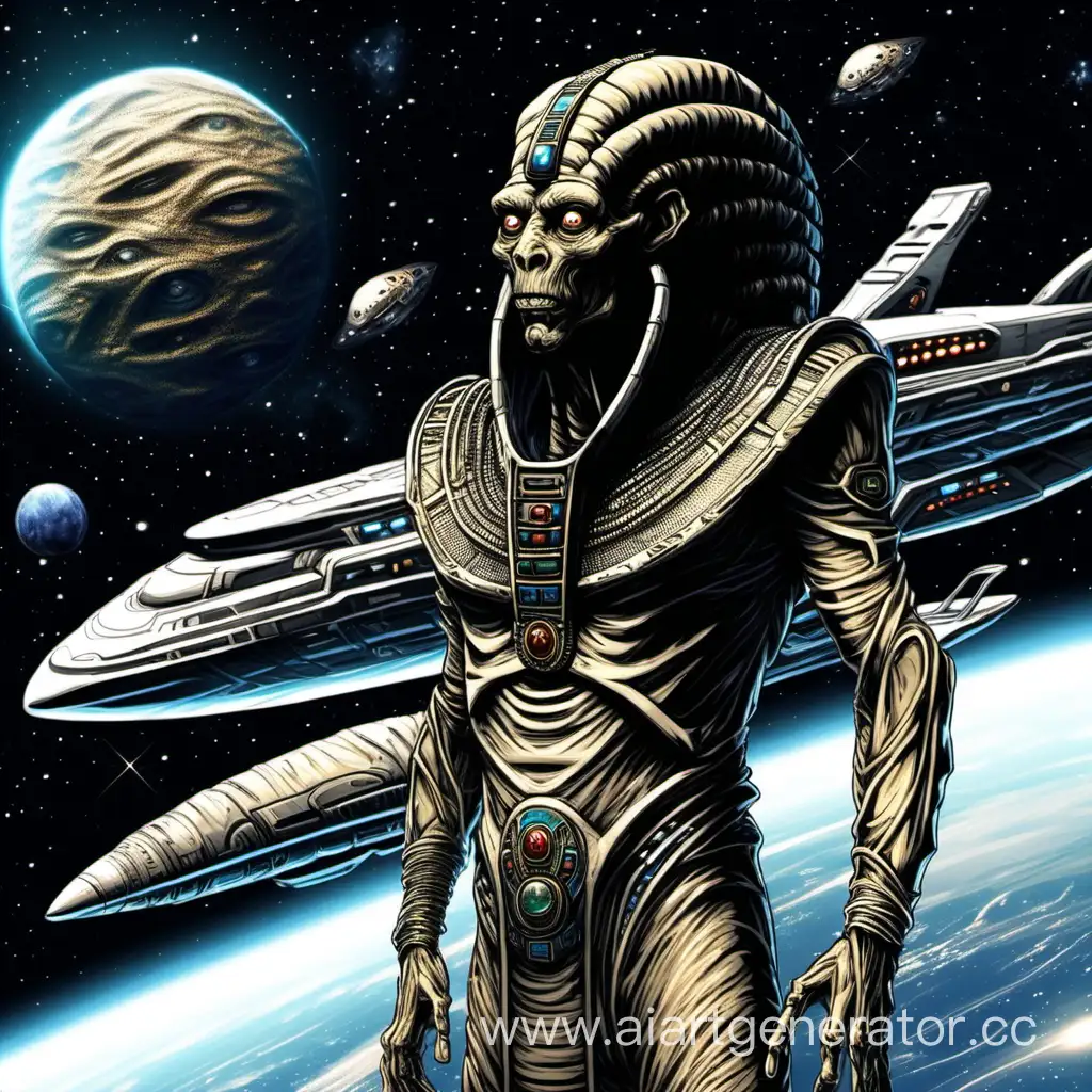 Инопланетный Герцог космического флота похожий на мумию с чешуйчатой серой кожей фараона будущего на фоне космоса с космическими кораблями 
