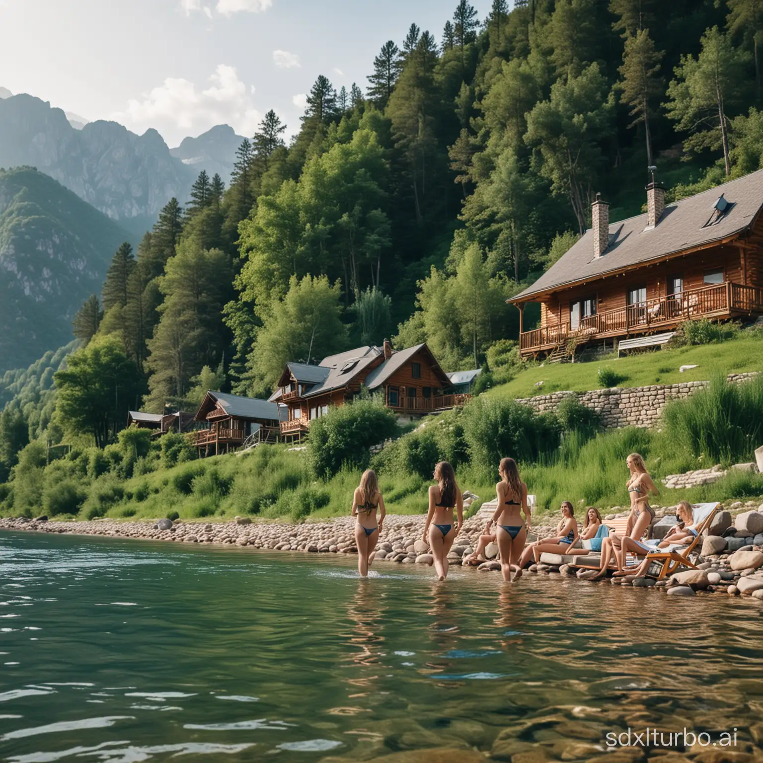 beautiful girls swimming on the riverbank next to a vacation house near mountains