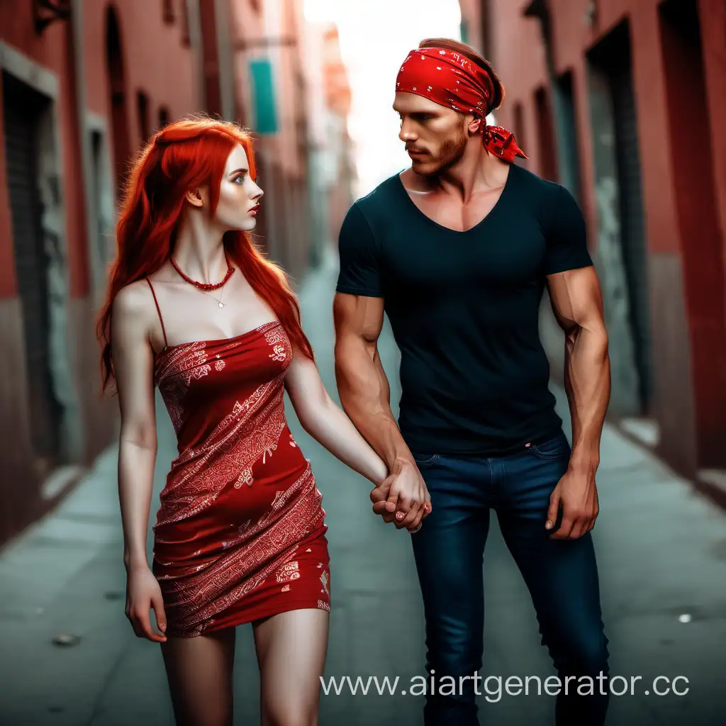 стоит высокий темноволосый парень с банданой держит за руку рыжеволосую девушку в сексуальном обтягивающем платье