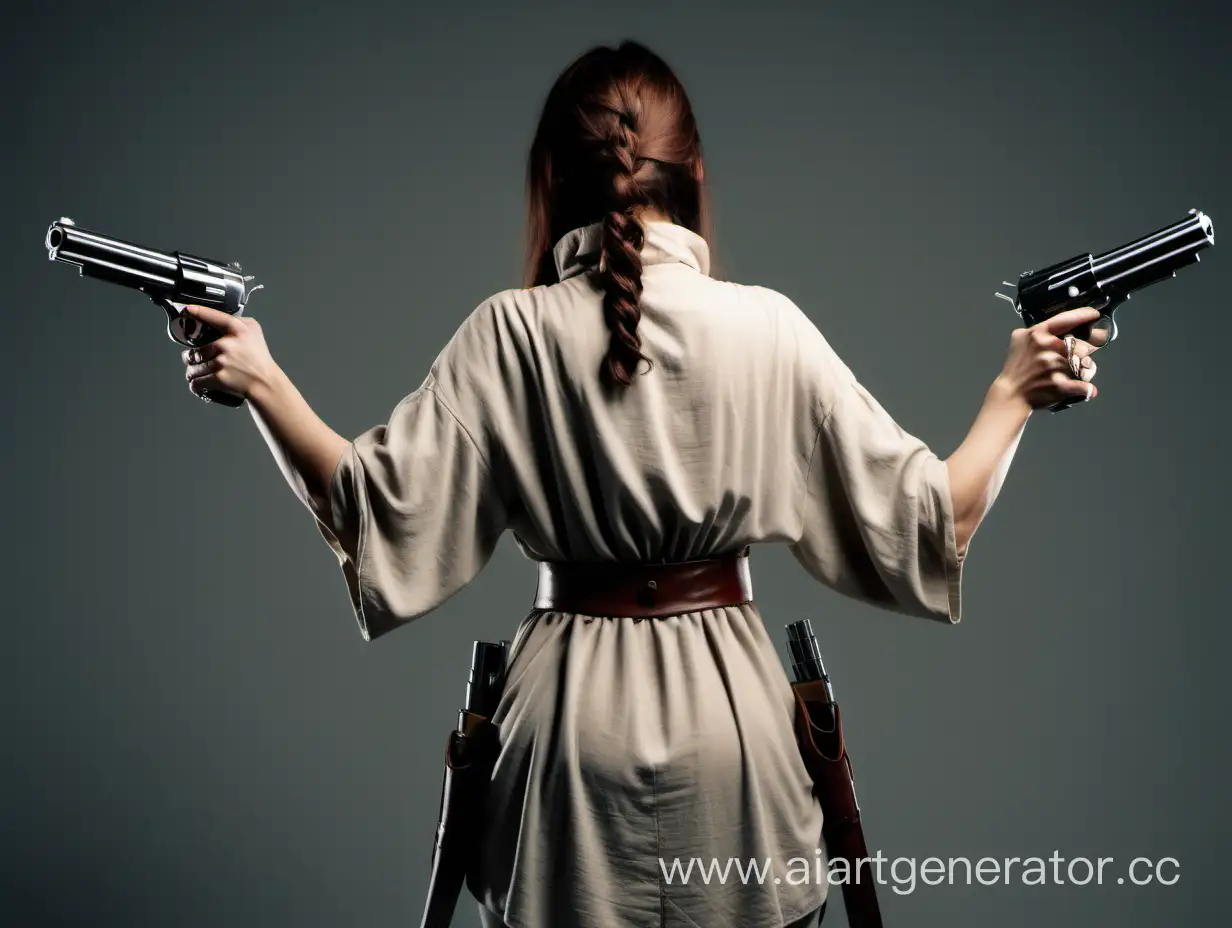 Woman in tunic holding duel pistols, camera view from back 