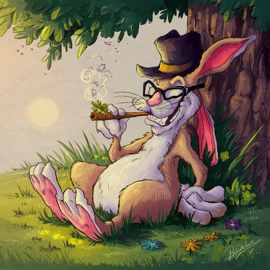 Easter Bunny Relaxing in Grass Under Tree with Marijuana