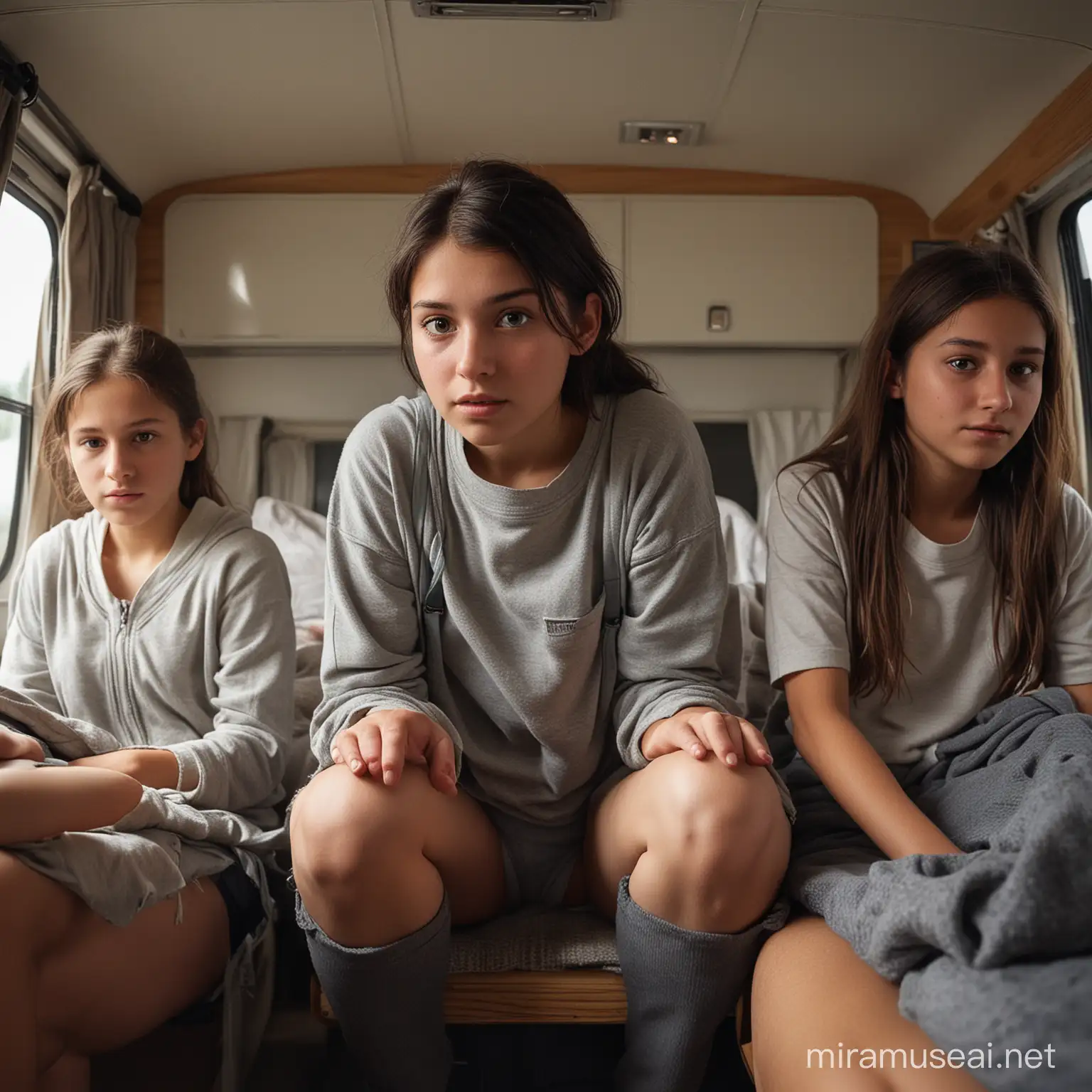Three Young Girls in Cozy Bus Camper