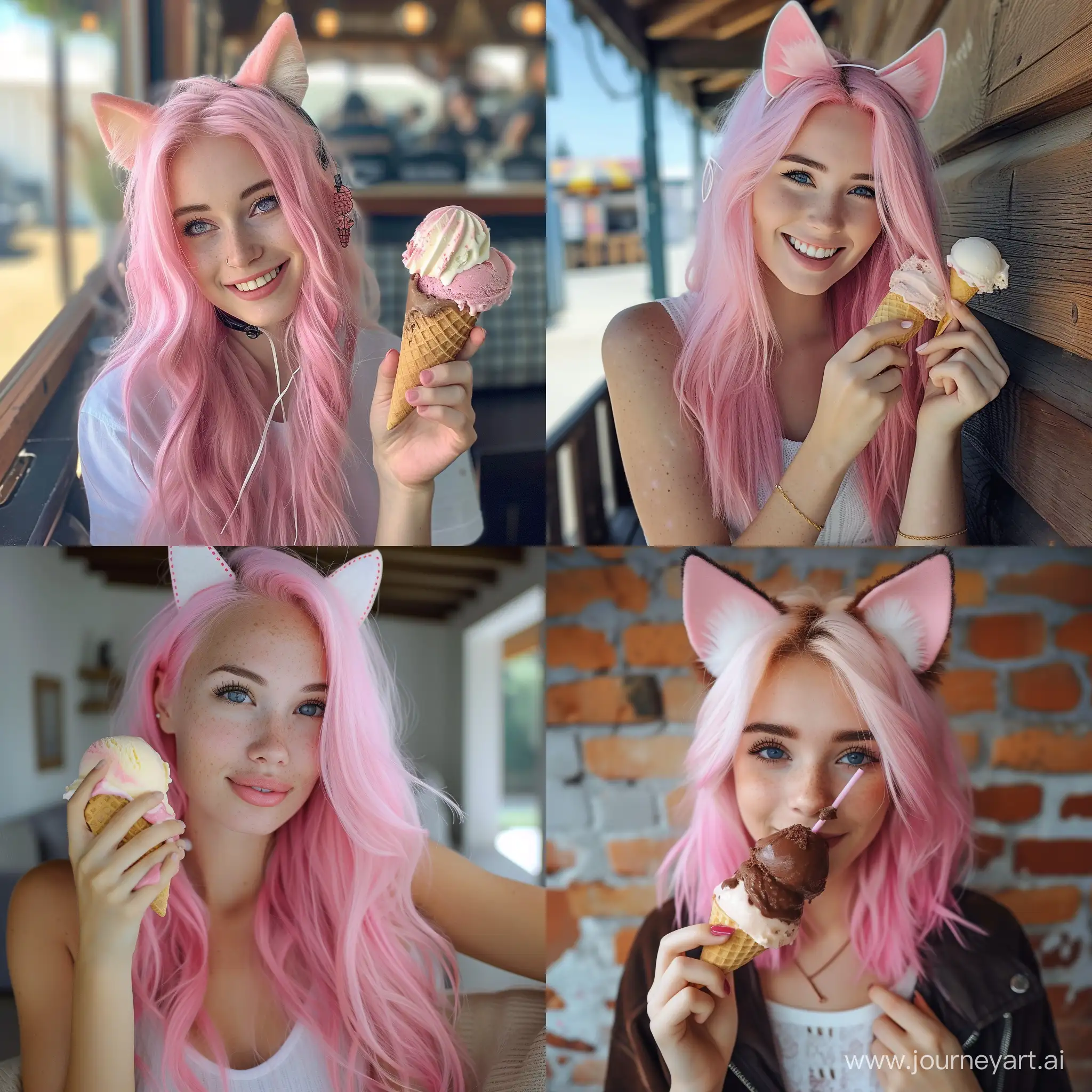 粉发，猫耳，冰淇淋，闺蜜照
