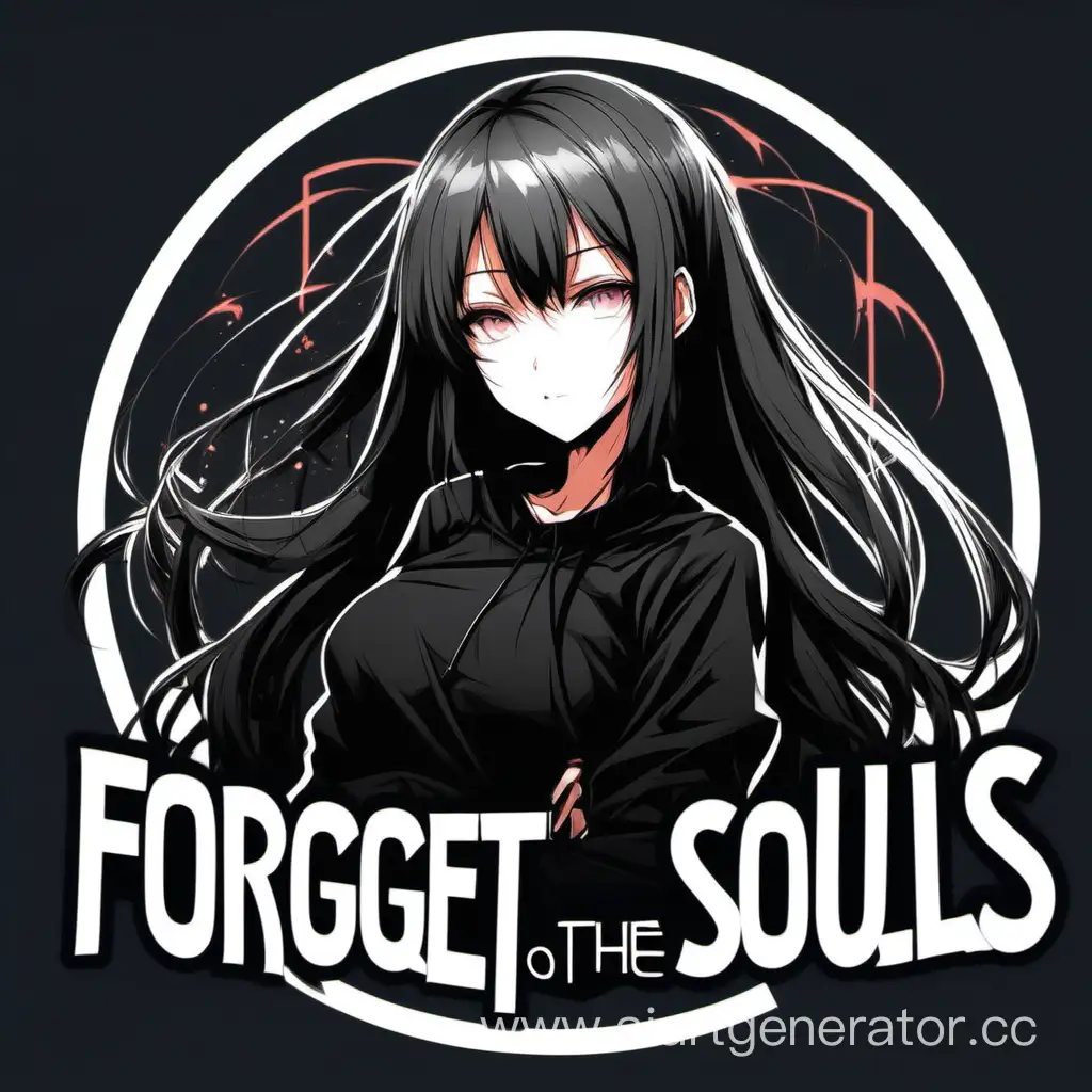 создай логотип с аниме девушкой в одежде черного цвета с надписью Forget Souls на заднем фоне