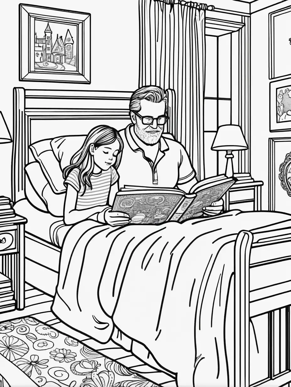 {best quality} {line work}, adult coloring book, high details, black and white. Father reading a bedtime story to daughter in her bedroom.