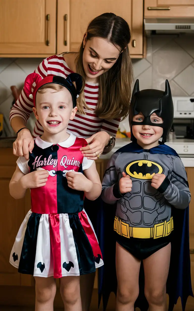 Gender role-reversal, Photograph of a mother dressing her young son, a boy age 8 with short hair, up in a Harley Quinn dress, and she is dressing her young daughter, a girl age 7 with long hair in a ponytail, up in a Batman superhero suit, in a kitchen for fun to keep the kids entertained on a rainy day, adorable, perfect children faces, perfect faces, clear faces, perfect eyes, perfect noses, smooth skin