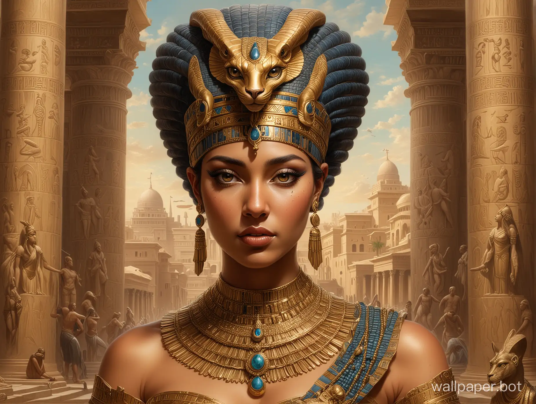 A mesmerizing conceptual art piece of Cleopatra, the queen of ancient Egypt. She is depicted as a regal and alluring woman, wearing a gold headdress with a cobra on top, and adorned with exquisite jewelry. Her eyes are full of intelligence and strength. The background shows an Egyptian palace, with columns and sculptures filled with hieroglyphics. The overall atmosphere of the piece is rich in culture and history, with a touch of mystique and power., conceptual art