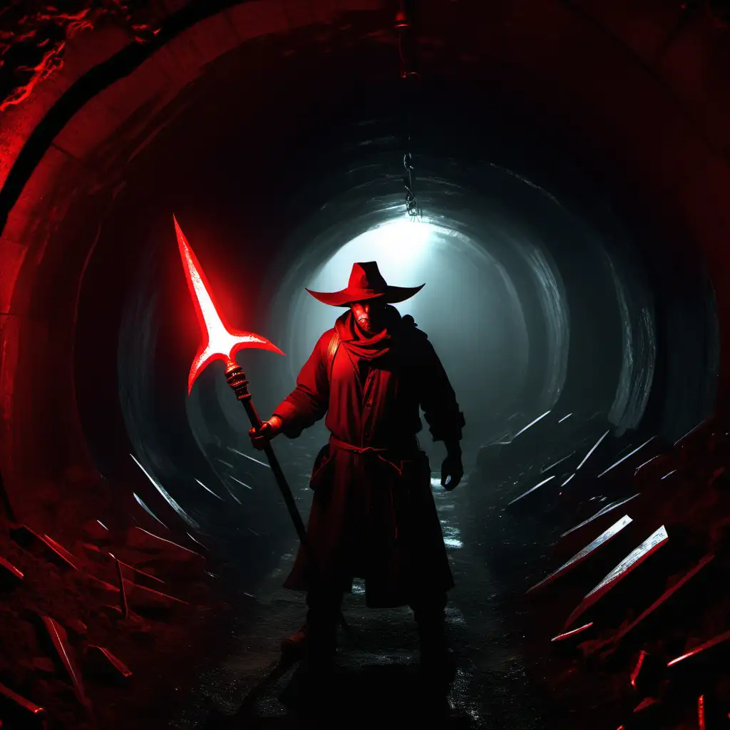 A large farmer wearing a hat wielding a glowing red glaive  in a dark underground tunnel