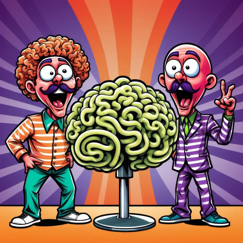  The background features a kaleidoscopic pattern in bright funky colors like orange, purple and lime green to catch the viewer's eye. The centerpiece is a cartoon-style drawing of two goofy podcast hosts with large bobble heads representing how they are always thinking up ridiculous comedic bits.

One host has curly red hair sticking straight up like he stuck his finger in an electrical outlet to shock his brain for ideas. The other host is bald with a handlebar mustache and wearing mismatched clothes, green and orange striped pants over a pink polka dot shirt. This reflects the anything-goes random humor of their banter comedy.

Both hosts' oversized bobble heads have open craniums showing their cartoon brains. One brain looks like swirling rainbow taffy and the other has electrical bolts buzzing around, indicating madness and absurdity at work. Scattered thought bubbles around them have weird doodles like a dog in an MRI machine, pants with eyeballs and limbs ruling the world, and a spider posting selfies - teasing some of the show's signature outlandish topics.

The text at the top says "Cranium Shorts - comedy banter to get your noodle noodles POPPING!" Below it proclaims "Mindless Banter Comedy" and the tagline "We'll blow your mind through your ears!" setting expectations for delightfully foolish podcast listening.'