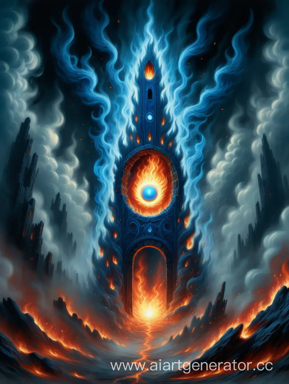 Картина в мистическом и фантазийном стиле внизу синий портал на середине картины летящий вверх фаербол и летящий вверх огонь вверху картины призрачный туман в диджитал стиле в 4к и ультра качестве детализации.