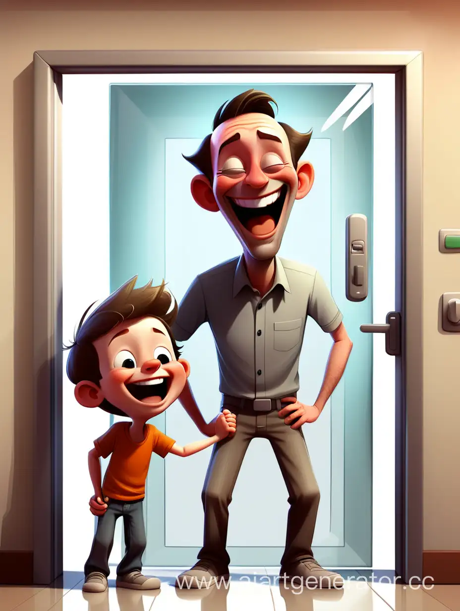 Father and laughing little son in front of a transparent closed door with one button, funny image, cartoon style