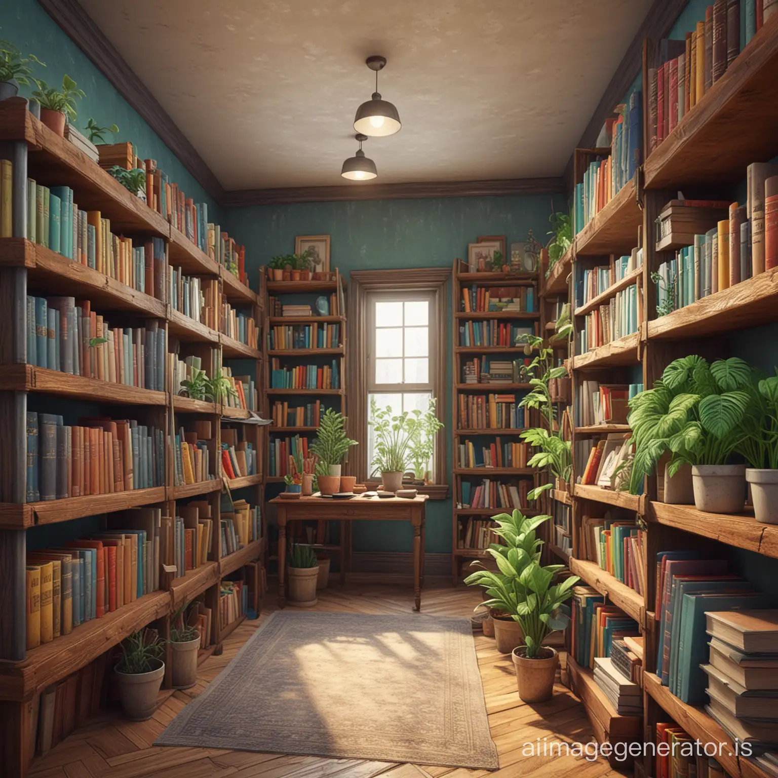 inside old book shop, with colourful books on shelf, a few plants, tables full of books, cartoon, 3d, render, 4k
