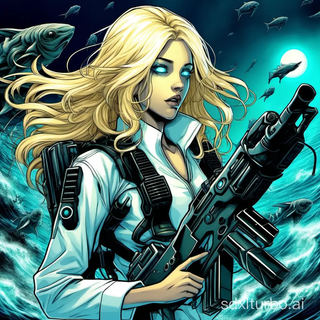 Deep sea, science fiction, ghosts, blonde hair, blue eyes，machine gun