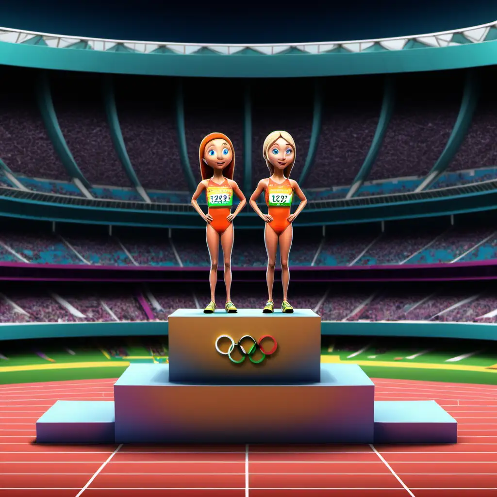 Inside the Olympic stadium winners' podium as a digital illustration tired winners podium for first, 2nd amd 3rd also make it more like a cartoon 