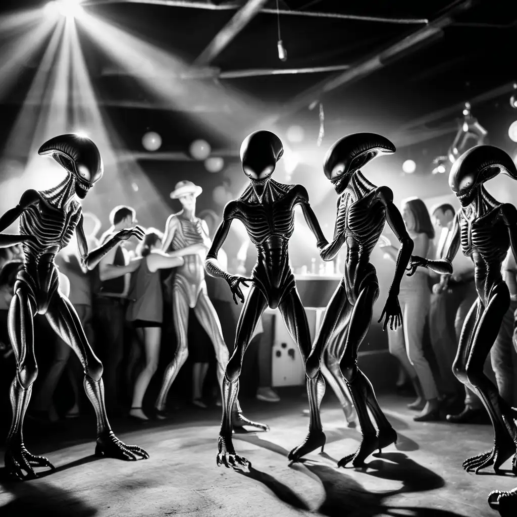   инопланетяне танцуют  на сельской дискотеке   ,  чб фотографияя