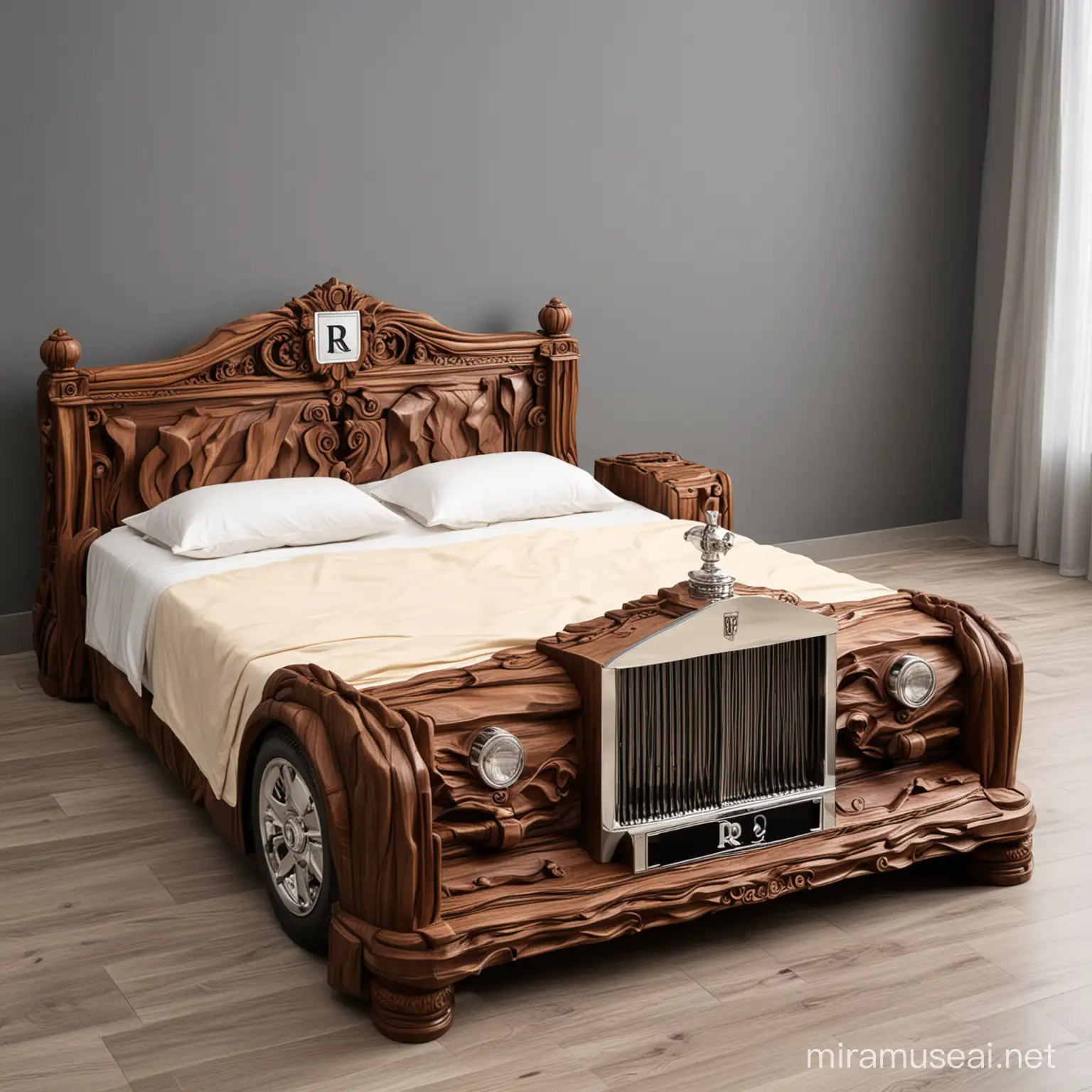 Luxury CarInspired 3D Wood Carving Bed with Dark Wood Frame