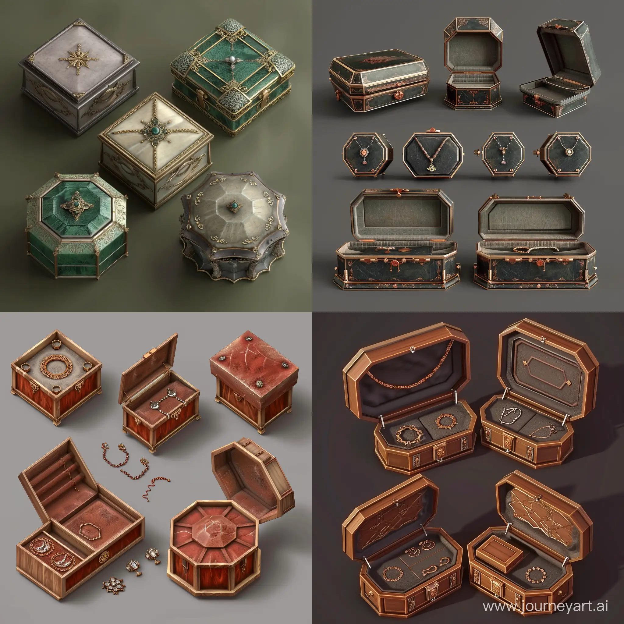 isometric realistic old jewelry box set pentagon, 3d render, stalker style, no futuristic