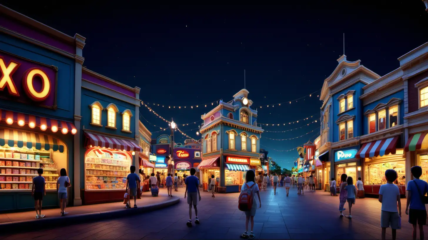 Pixar Style Nighttime Amusement Park with Whimsical Shops