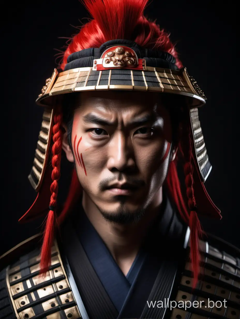 A frontal portrait of a handsome  25 year old samurai in full shogun  red head gear staring at you