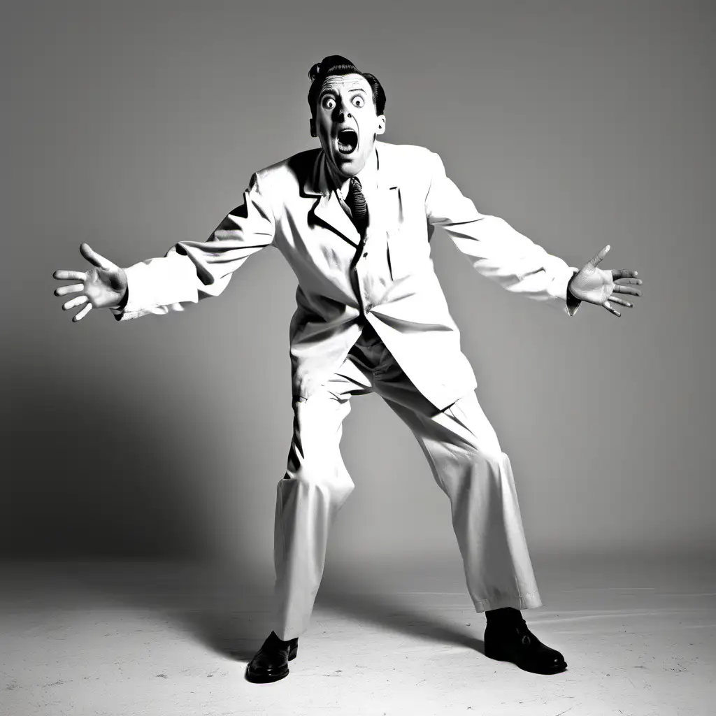 black and white Full Body image of 1950's guy dressed in white screaming in fear with white background
