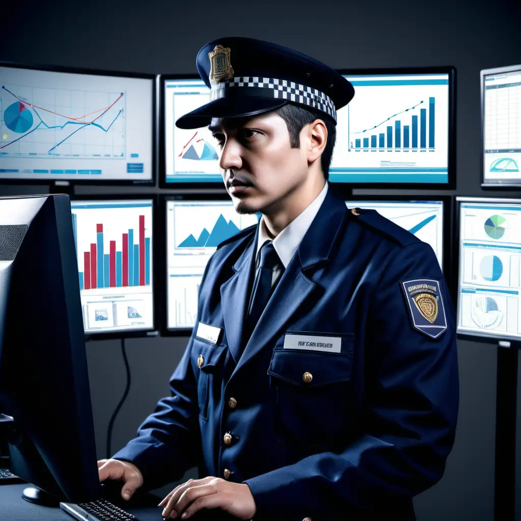 inspector person with hat and uniform that looks at monitors with graphs