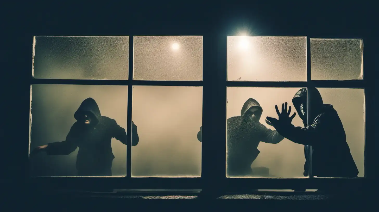 Thieves breaking into a window at night in the fog
