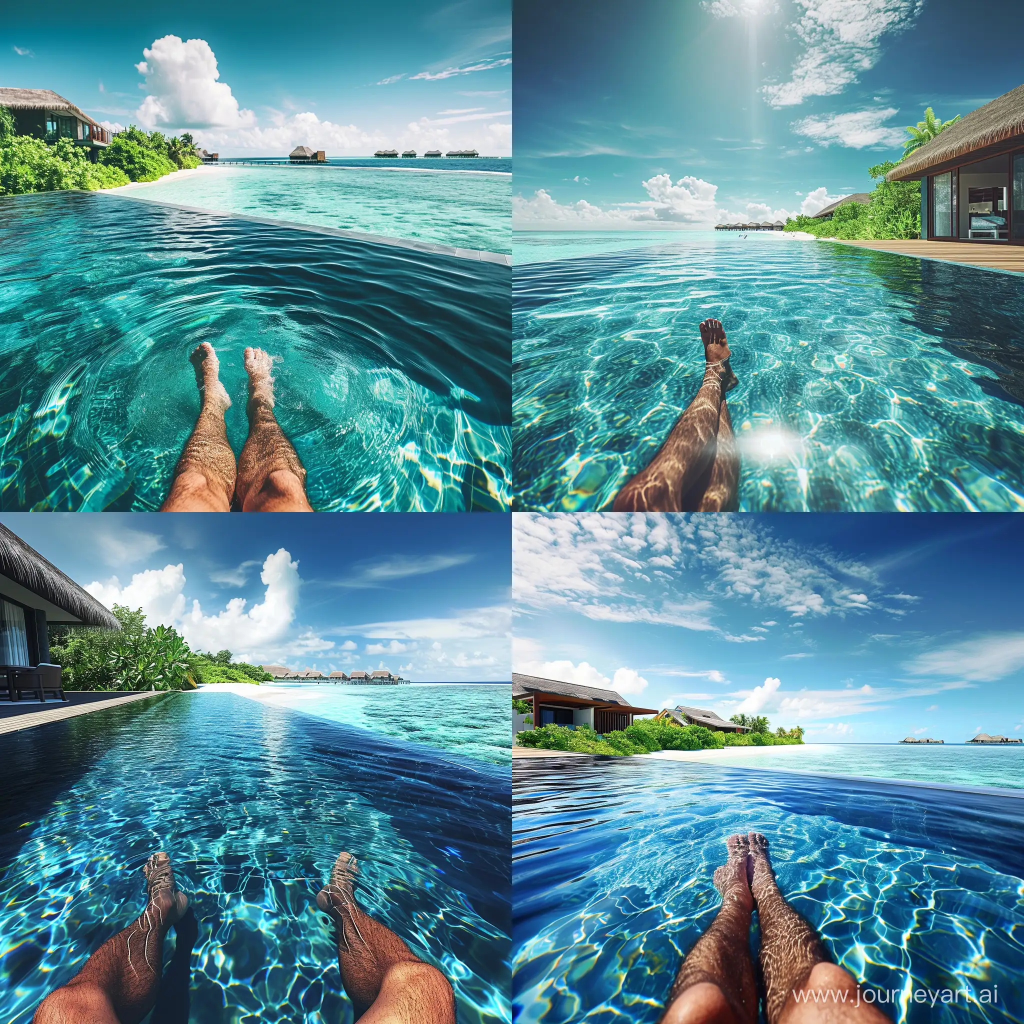 "Create an ultra-high-definition image depicting the point of view of a man sitting in an infinity pool at a luxurious resort in the Maldives. The scene should show crystal clear blue water seamlessly merging with the ocean in the background, under a bright, sunny sky. Include details like the man's legs partially submerged in the shimmering water, with a view of the wooden pool deck. The resort should feature modern, elegant architecture with lush tropical greenery. In the distance, there should be a view of white sandy beaches and overwater bungalows with thatched roofs. The overall atmosphere should be serene and idyllic, capturing the essence of a tranquil, luxurious holiday in the Maldives."
